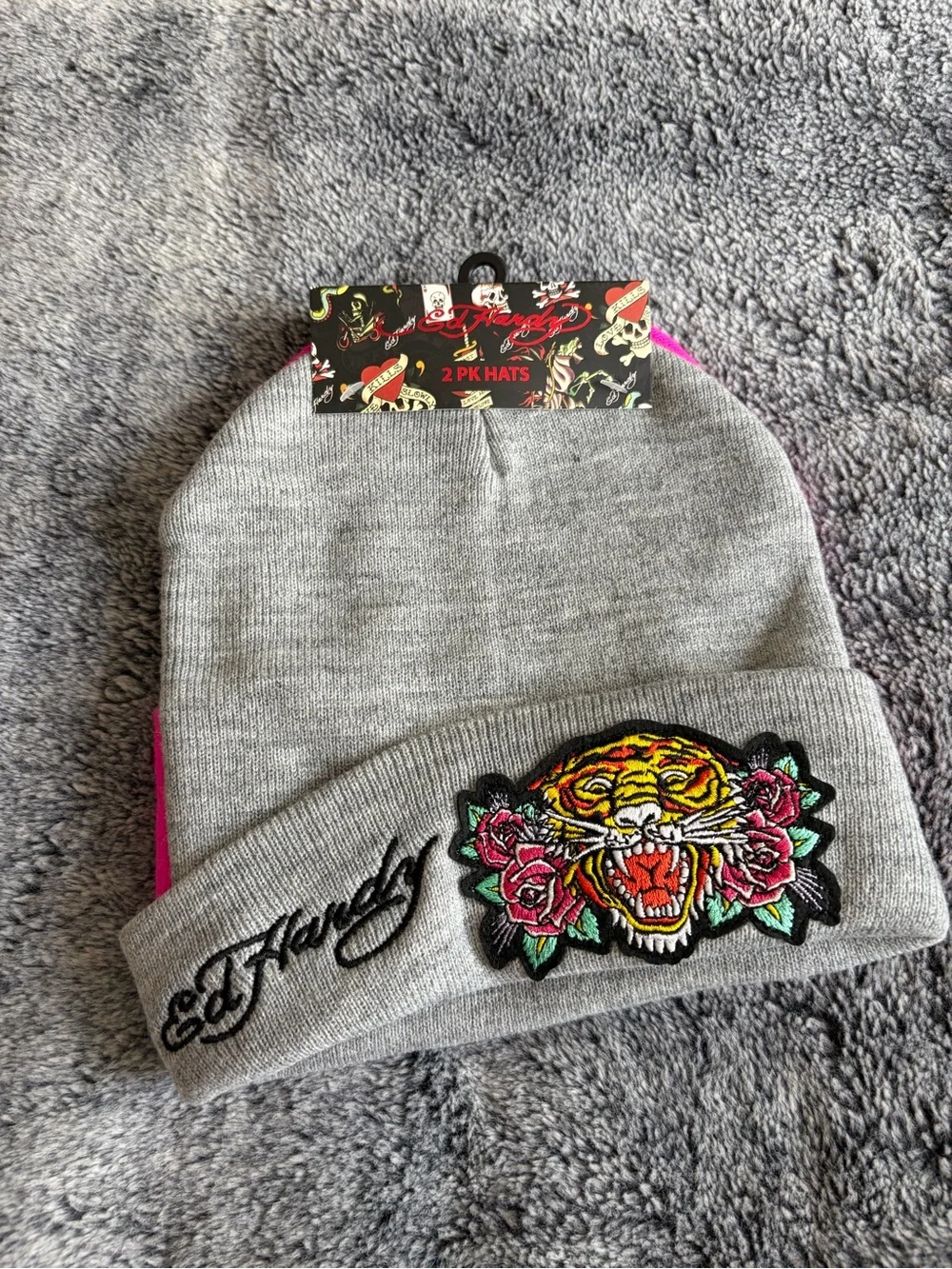 Ed Hardy Hot Pink Floral 'Love Kills Slowly' Knit Beanie .